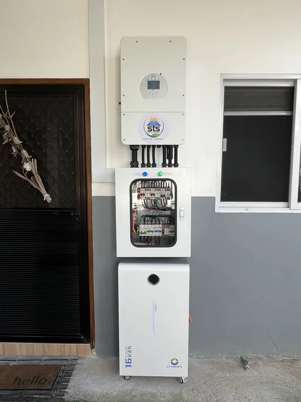 Hybrid inverter, protection panel and a battery cabinet beside a dark door